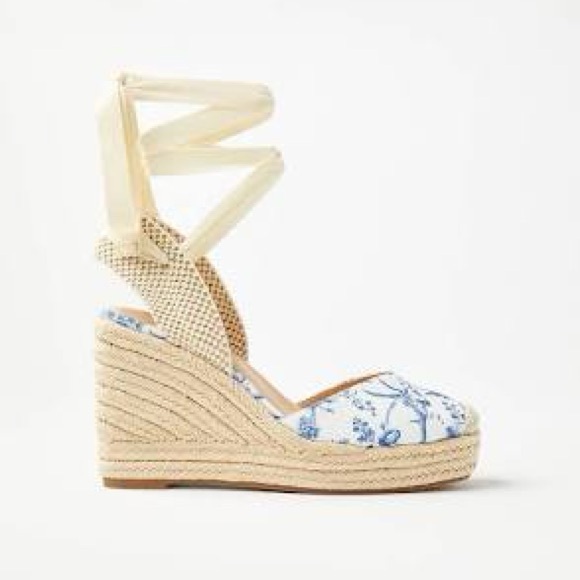 Women's Cream and Blue Espadrille Wedges - Picture 1 of 5